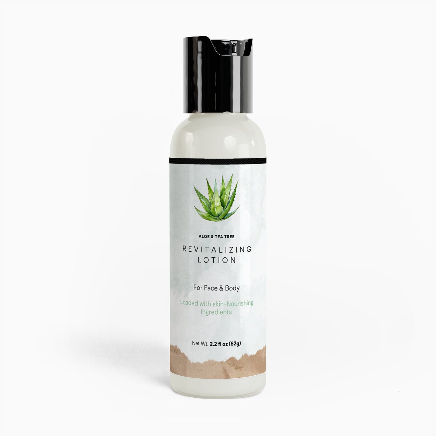 Aloe & Tea Tree Revitalizing Gel with a white and green label, indicating it is a product for face and body, containing 2.2 fl oz of gel.