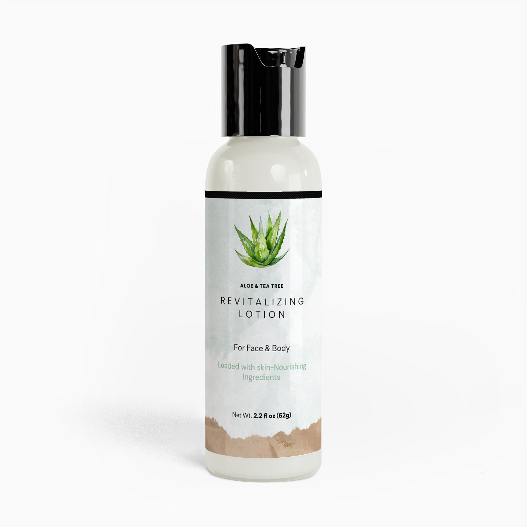 Aloe & Tea Tree Revitalizing Gel with a white and green label, indicating it is a product for face and body, containing 2.2 fl oz of gel.