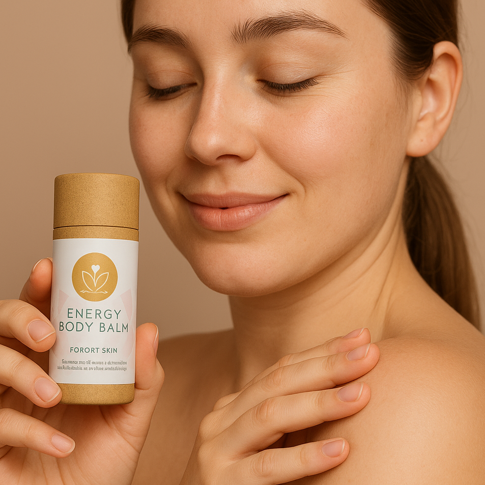 Woman holding a 'Energy Body Balm' container against a beige background