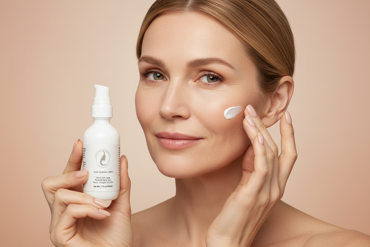 Mature woman with visible skin texture holding moisturizer