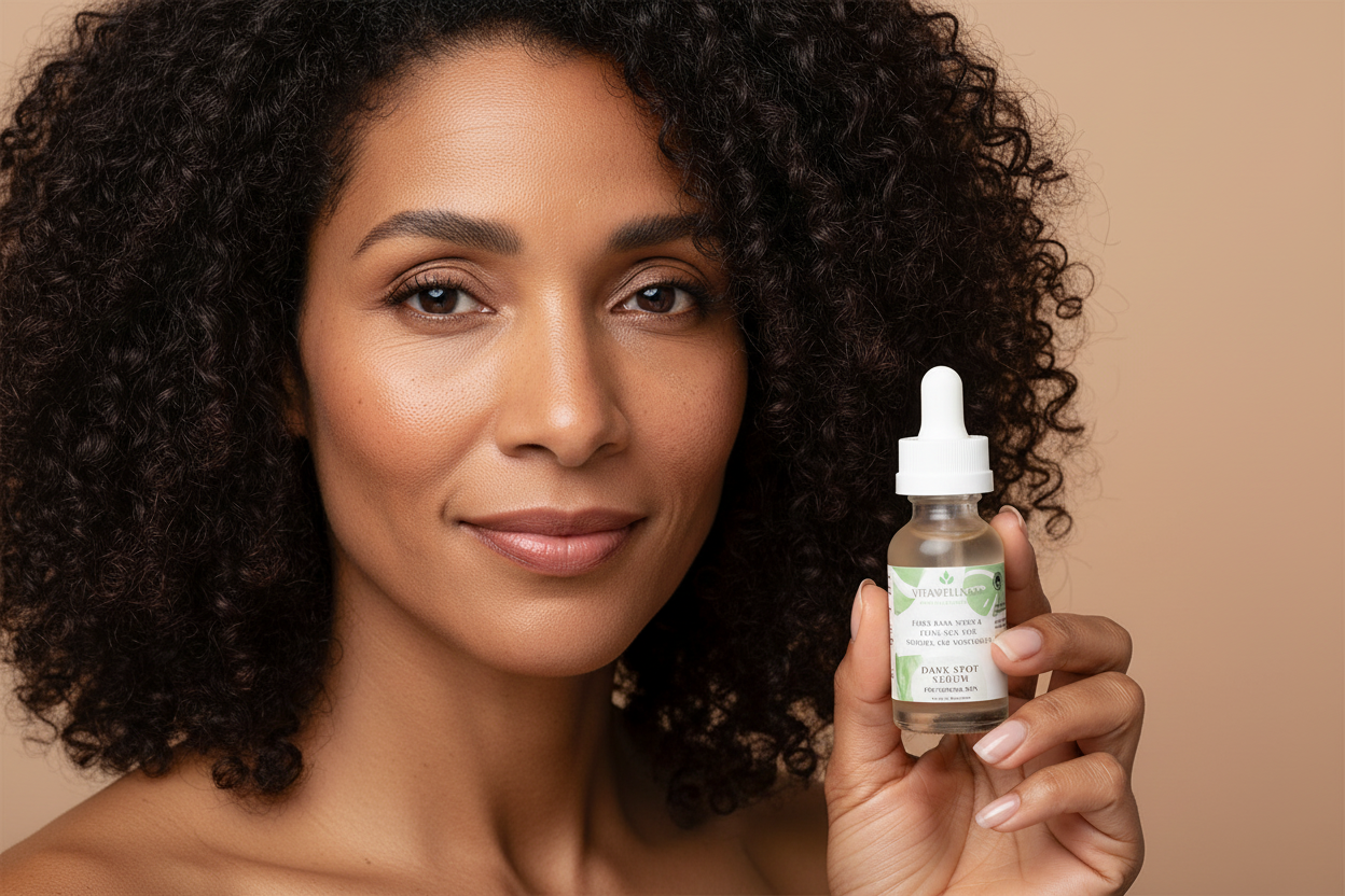 Mixed African American woman with dark spot serum bottle